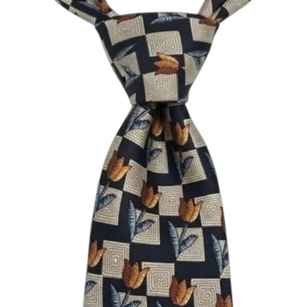 Nina‎ Ricci Paris Silk Tie With Geometric & Tulip Pattern In Navy & Gold Colors